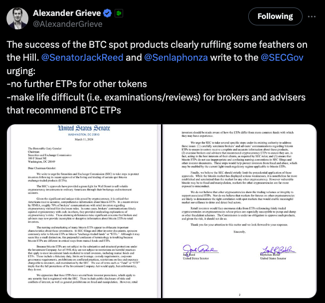 Senators pressure SEC’s Gensler not to approve any more crypto ETFs
