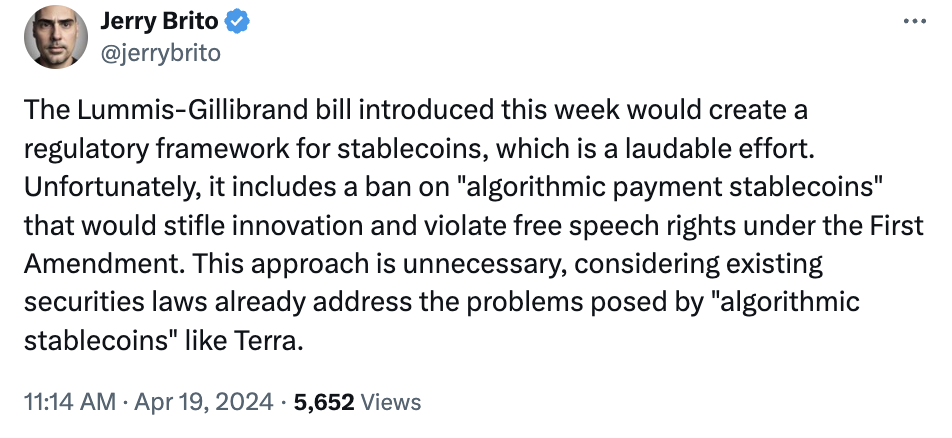 Crypto advocacy group claims stablecoin bill would ‘violate free speech rights’
